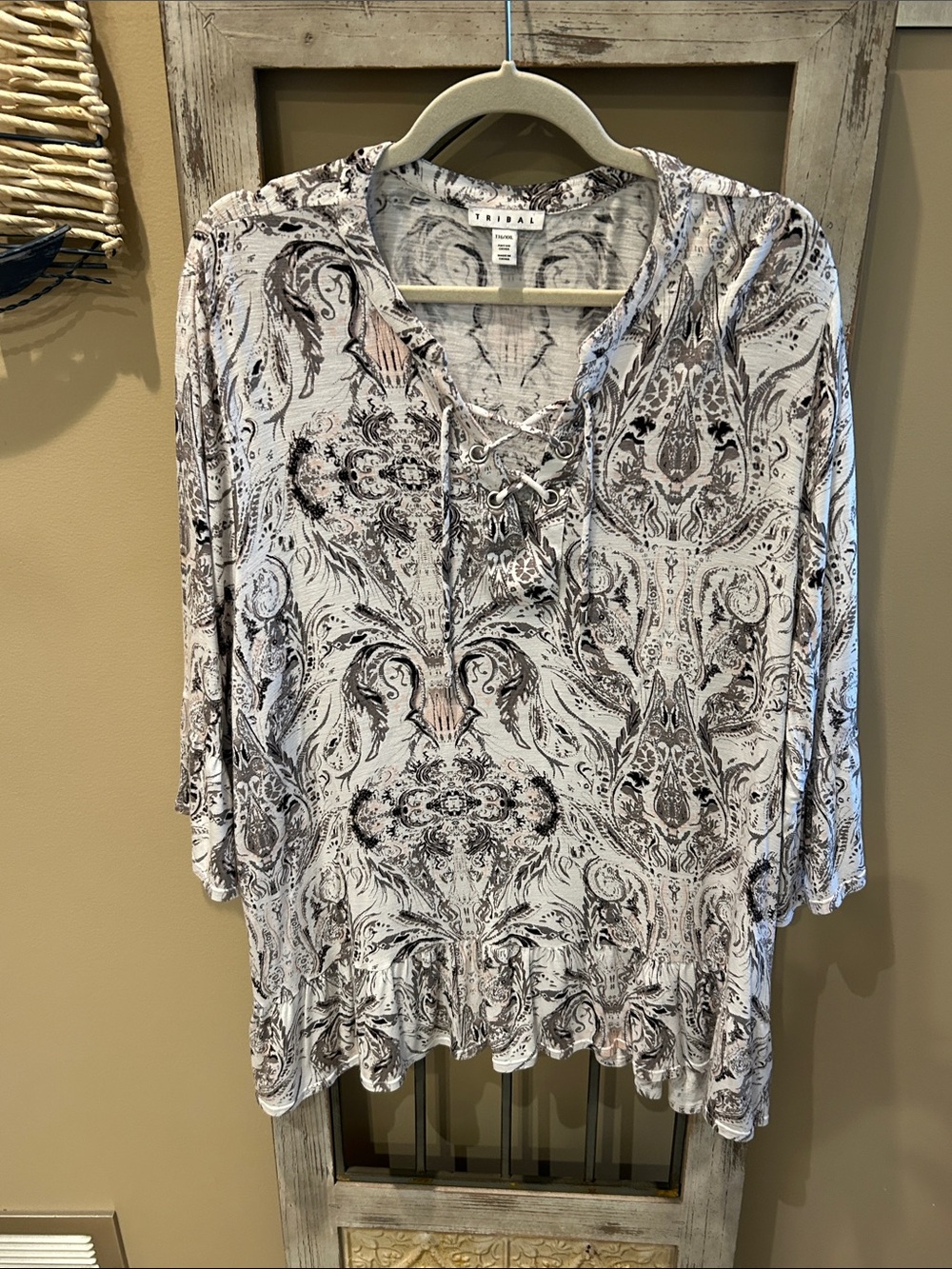 Tribal Cream, gray & Black Lace-Up Tunic Top